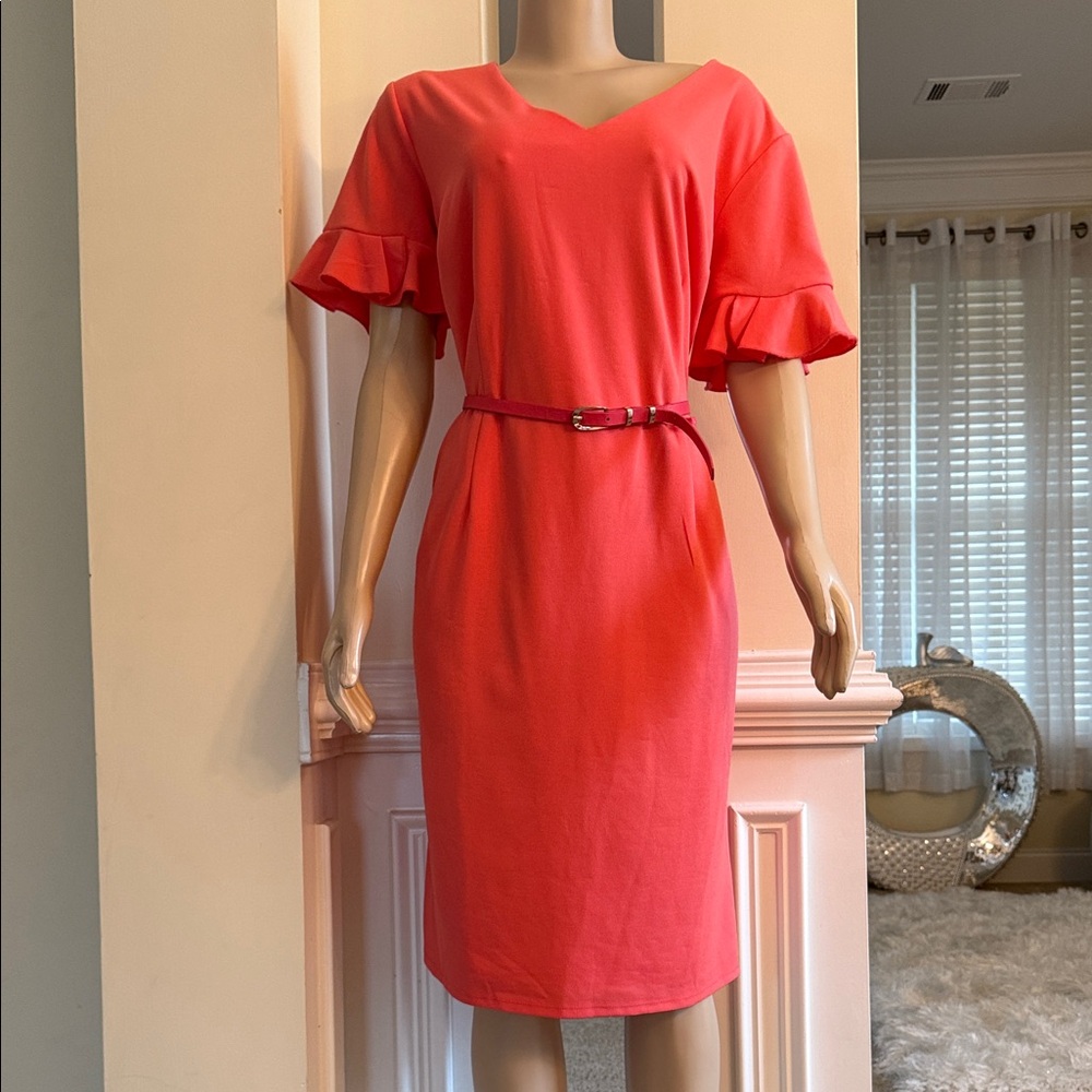 New York & Company Coral Midi Dress with Ruffle Sleeves